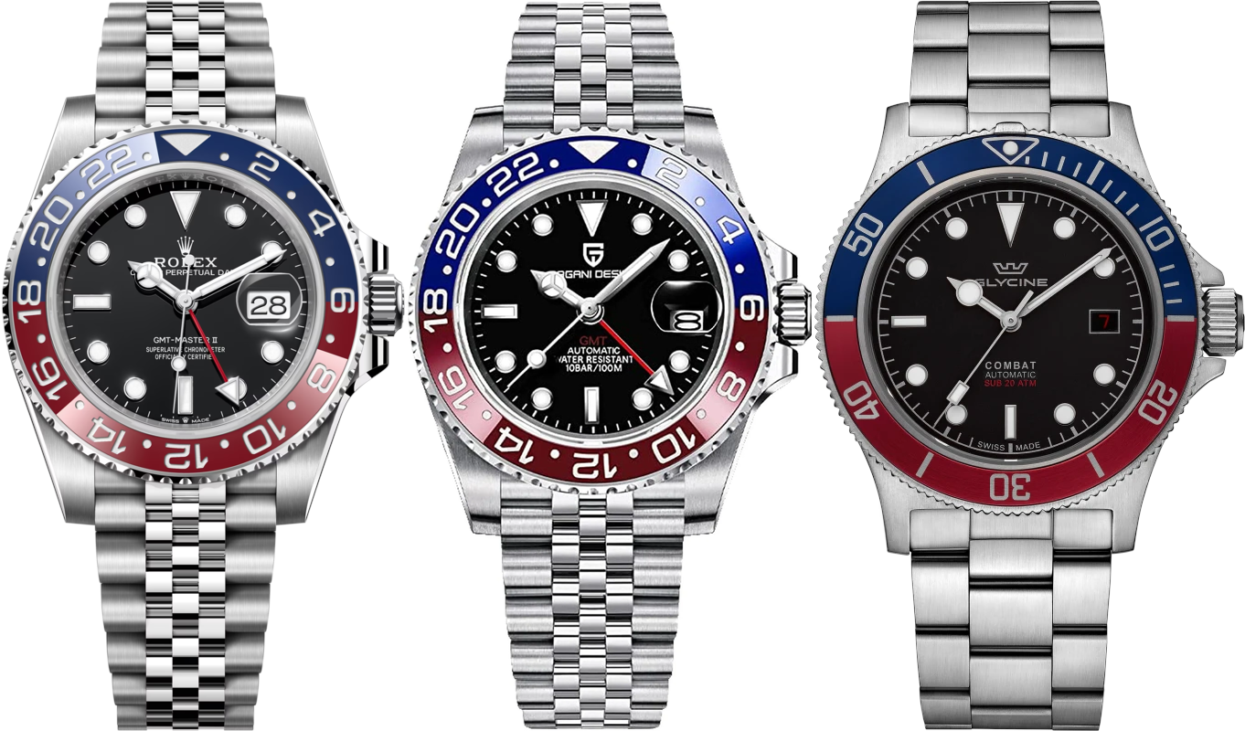 They’re the same picture: Rolex GMT-Master II vs. Pagani Design “Pepsi” vs. Glycine Combat Sub.